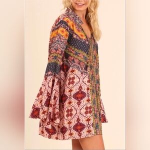 Umgee Multicolor Boho Dress with Bell Sleeves